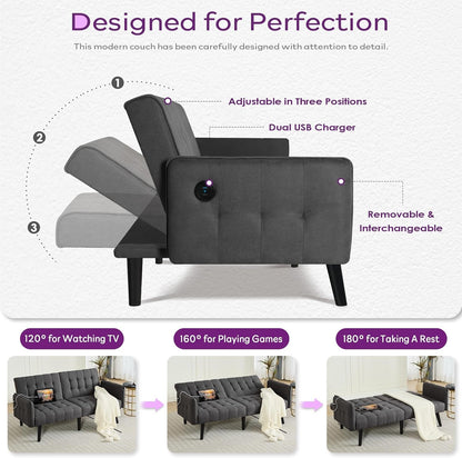 65'' Convertible Futon Sofa Bed with USB, Small Couch for Living Room3