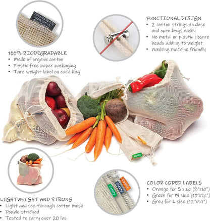 12+1 Reusable Produce Bags Grocery Washable, Organic Cotton Mesh Produce Bags, Double-Stitched & Tare Weigh, Mesh Bags for Vegetables, Cotton Produce Bags Reusable Washable, Produce Bag 4Xs, 4Xm, 4Xl3