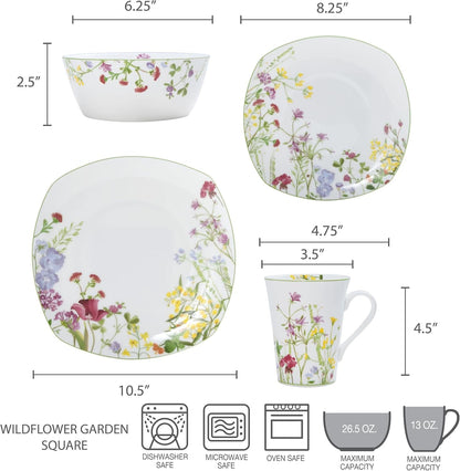 Wildflower Garden Dinnerware Set, 16-Piece Bone China Dishes Service for 4, Square Plates and Bowls Set with Mugs, Floral Design, Dishwasher and Microwave Safe5