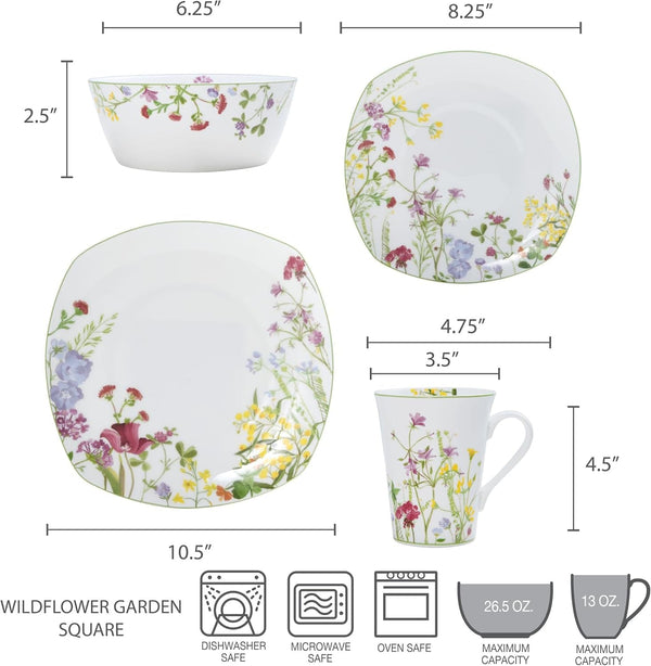 Wildflower Garden Dinnerware Set, 16-Piece Bone China Dishes Service for 4, Square Plates and Bowls Set with Mugs, Floral Design, Dishwasher and Microwave Safe5