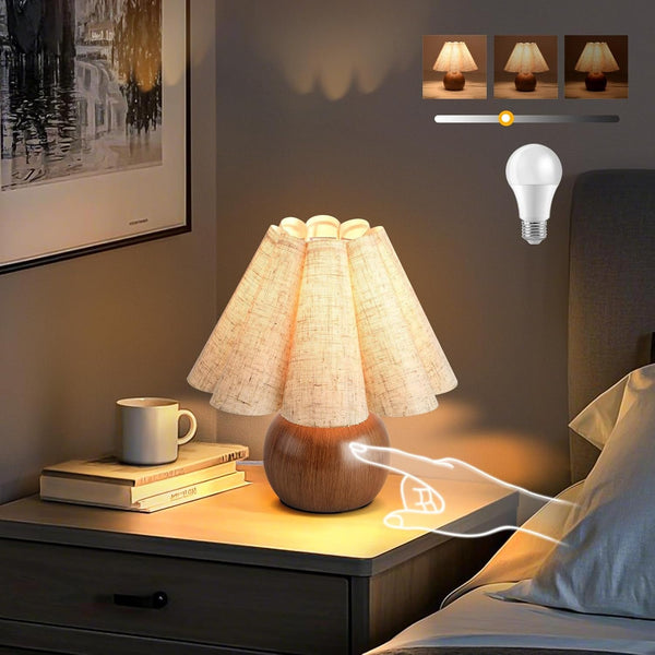 Wood Grain Touch Control Table Lamp for Bedroom,Farmhouse Cute Small Table Lamp for Bedroom Nightstand, Mini Vintage Bedside Lamps with Scalloped Shade for Small Spaces, Kitchen Counter, Bookshelf1