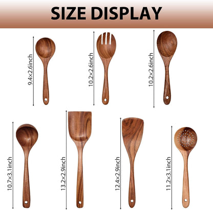 7-Piece Wooden Non-Stick Kitchen Utensil Set, Natural Teak Wood Kitchen Pan Toolset, Wooden Cooking Spatula Spoon & Salad Fork Set, Scratch Resistant Cookware Toolset, Easy to Clean2