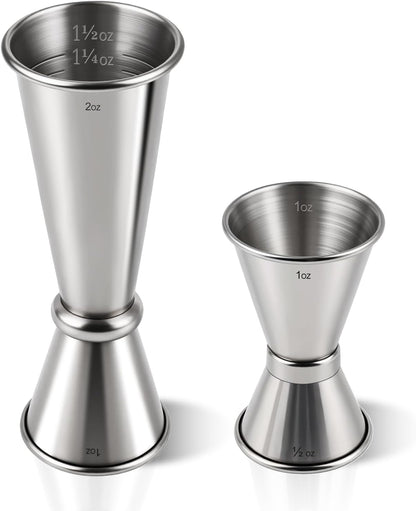 2-Pack Stainless Steel Cocktail Jiggers – Japanese Style Double Measuring Cups for Bartending (1Oz/2Oz + 0.5Oz/1Oz)1