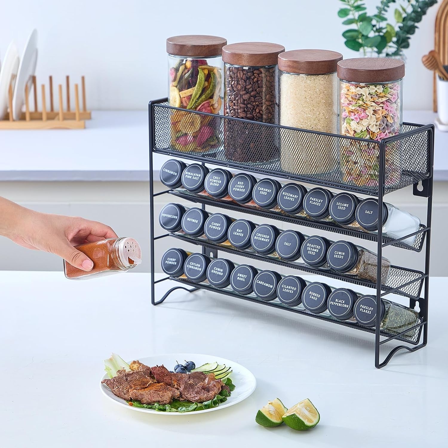spice-rack-organizer-with-27-spice-jars-with-black-lids