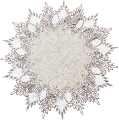 Natural Linen Doily 15" round Beige Lace Small Coffee Table Topper1