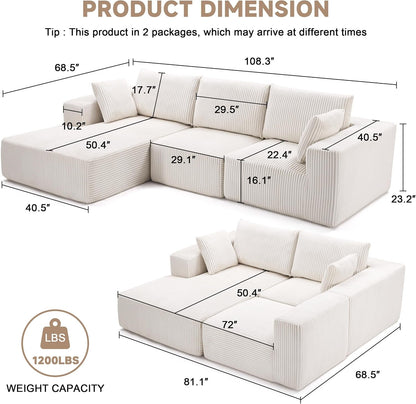 108" Boneless Couch with Chaise, Cloud Sectional Modular Sofa, Beige5