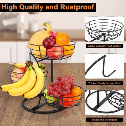 Fruit Basket Bowl with Banana Hanger, Fruit Vegetable Storage Basket with Banana Tree Holder for Kitchen Counter, Detachable Organizer for Bread Snack Produce (Black, 3-Tier Metal Base)6