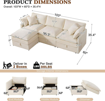 103" Modular Sectional Sofa with Storage, L Shaped Cloud Couch with Movable Ottomans & 4 Pillows, Chenille Deep Seat Sectional Couches for Living Room, Apartment (Beige)3