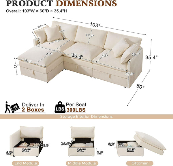 103" Modular Sectional Sofa with Storage, L Shaped Cloud Couch with Movable Ottomans & 4 Pillows, Chenille Deep Seat Sectional Couches for Living Room, Apartment (Beige)3