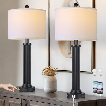 28" Tall Modern Table Lamps Set of 2 with USB C+A Ports and AC Outlet, 3 Way Touch Metal Bedside Lamps for Bedroom, Black Nightstand Lamps for Living Room9