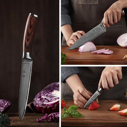 EDIB Damascus Knife Set, 5-Piece VG10 Steel Knives, Wooden Gift Box | Five VG10 Damascus Kitchen Knives with Ergonomic Pakkawood Handles, Chef Knife Set Packed in Wooden Gift Box for Home Chefs6