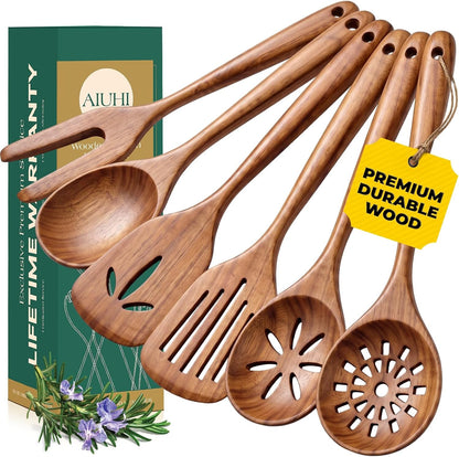 Wooden Spoons for Cooking, 6-Piece Natural Teak Wood Utensil Set with Long Handles, Wooden Spatula Set for Nonstick Cookware1