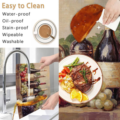 Placemats Set of 6,Retro Red Wine Table Mats, Grapes Glass Cup Washable Linen Table Mats,Non-Slip Heat Resistant Placemats for Party Kitchen Dining Indoor Outdoor 12"X18"5