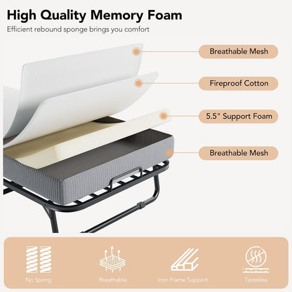 Folding Bed with 5 Adjustable Backrest Rollaway Guest Beds with Wheels 75"X31" Twin Size Space-Saving Cot-Size Bed Easy Assembly5