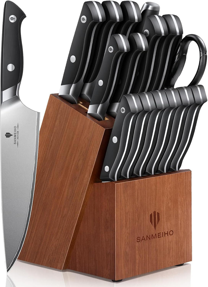 16 PCS Japanese Kitchen Knife Set with Block, Dishwasher Safe | 5 Layers High Carbon 9Cr18Mov Stainless Steel, Ultra-Sharp Professional Chef Cooking Knives Set with Ergonomic Handle