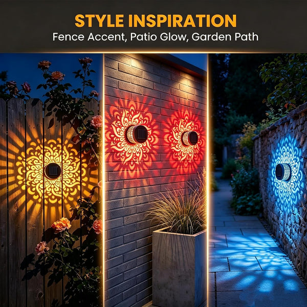 Solar Mandala Outdoor Wall Lights, 4 Pack 7 Color Changing Metal Fence Lanterns, Waterproof Solar Powered Deck Step Stair Lights for Garden Patio Yard Landscape Decor3