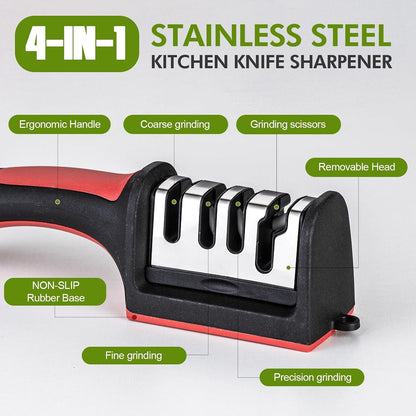 Professional 4-In-1 Knife Sharpener with Tungsten Steel & Ceramic Slots, Manual Sharpener for Chef Knives, Scissors & Straight Edge Blades - Home Kitchen Tool4