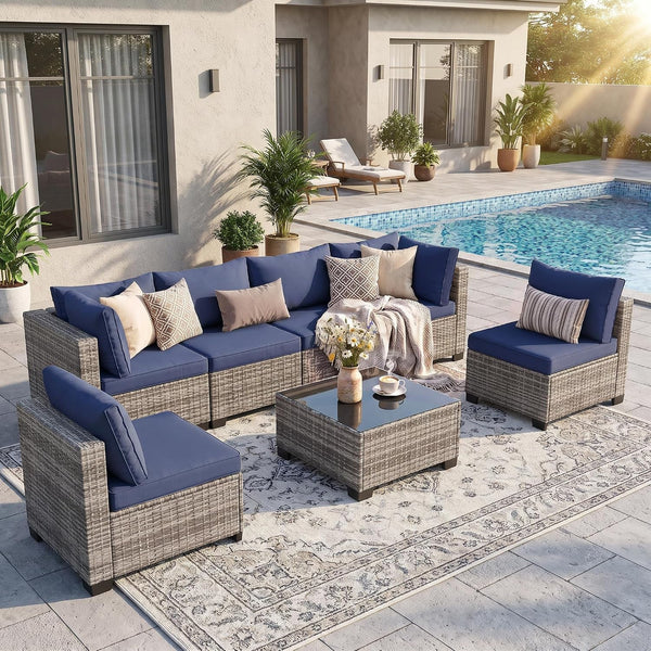 7 Piece Patio Furniture Set, Outdoor Wicker Sectional Sofa Set1