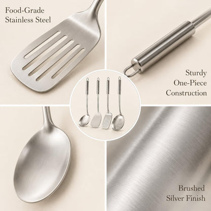 Cooking Utensils Set - 4 Pcs Stainless Steel Kitchen Utensils Set with Solid Turner, Slotted Turner, Serving Ladle, Slotted Spoon, Wok Utensils Set with Heat Resistant Handle, Dishwasher Safe3
