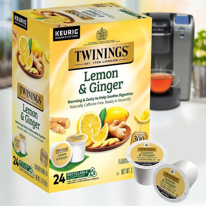 Lemon & Ginger Herbal Tea K-Cup Pods for Keurig, 24 Count (Pack of 1), Tangy & Spicy, Naturally Caffeine-Free, Enjoy Hot or Iced | Tangy & Spicy, Helps Soothe Digestion, Naturally Caffeine-Free, 24 Keurig Pods for Single Serve Brewers, Enjoy Hot or Iced3