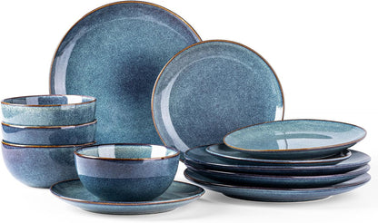 Ceramic Dinnerware Sets for 4, 12 Pieces Handpainted Plates and Bowls Set, Scratch Resistant Stoneware Dishes Set, Dishwasher & Microwave Safe, Ceylon Blue1