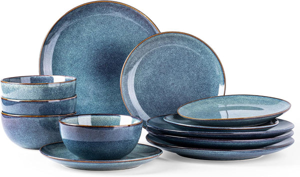 Ceramic Dinnerware Sets for 4, 12 Pieces Handpainted Plates and Bowls Set, Scratch Resistant Stoneware Dishes Set, Dishwasher & Microwave Safe, Ceylon Blue1