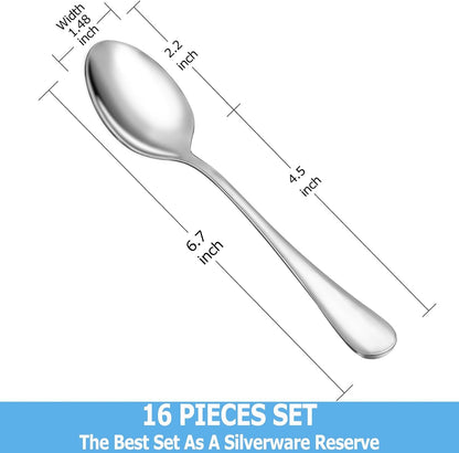 Teaspoon Set,16 Piece 6.7" Spoons Silverware, Premium Food Grade Stainless Steel Tea Spoons, Durable Small Spoon, Good Teaspoons, Kitchen Dessert Spoon Set, Mirror Finish & Dishwasher Safe2
