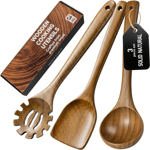 Wooden Spoons for Cooking, 3-Piece Acacia Wood Kitchen Utensil Set, Nonstick Safe Wooden Spoons, Smooth Heat-Friendly Cooking Utensils for Everyday Meals(A03)1