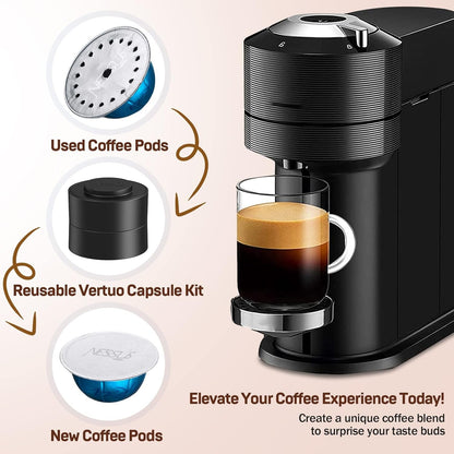 Reusable Pod Kit for Nespresso Pods Vertuo, Reuse Old Coffee Pods for Nespresso Vertuo: 100 Pcs Aluminum Foil Seal Lid, Holder, Brush, Refillable Vertuo plus Next Capsule Machine(No Pods Come)6