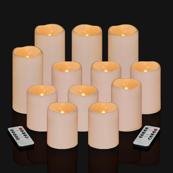 Flameless Candles 4" 5" 6" Outdoor Indoor Pillars Battery Operated Flickering Candles Include 10-Key Remote Timer 400+ Hours by 2 AA Batteries (Ivory Candle - Warm Light, 3"D X 4"|5"|6" H - 12 Pack)1