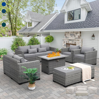 7-Piece Outdoor Furniture Sets Patio Furniture Set with 45-Inch Fire Pit Patio Couch Outdoor Chairs 60000 BTU Propane Fire Pit Table with Non-Slip Cushions Waterproof Covers, Light Grey1