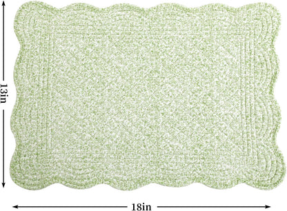 Quilted Placemats Set of 6 Washable-13X18 Inches Rectangular Placemats for Kitchen Table-100% Cotton Fabric Rectangular Table Mats, (White with Light Green)2