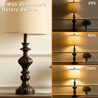 27.5" Farmhouse Table Lamps Set of 2, 3 Way Dimmable Touch Lamps | Touch Control, Dimmable, USB C+A Ports & AC Outlet, Bulbs Included, Bedside Nightstand Lamp for Living Room, Bedroom2
