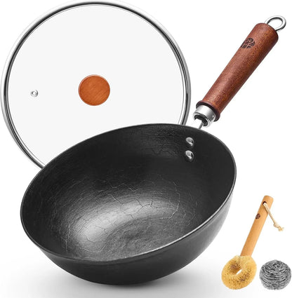 9.5 Inch Small Cast Iron Wok with Lid - Handcrafted Tortoise Shell Texture Uncoated Stir Fry Pan, Flat Bottom Wok for Electric, Induction & Gas Stoves, 2.5 Quart (Requires Seasoning)1