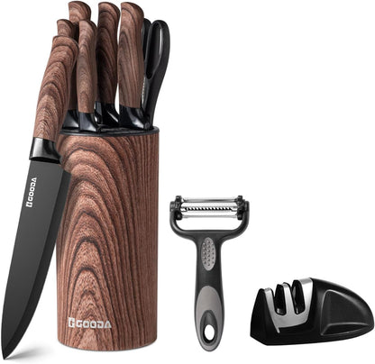 Knife Set, 9 Piece Kitchen Knife Set with Block and Sharpener, Anti-Rust Stainless Steel Cooking Knives Set for Kitchen, Chef Knife Block Set1