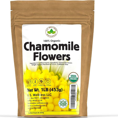 Chamomile Tea 1LB (16Oz) 100% CERTIFIED Organic (USDA Seal) Chamomile Flowers Herbal Tea (Matricaria Chamomilla) in 1 Lb Bulk Bpa-Free Resealable Bags from U.S. Wellness1