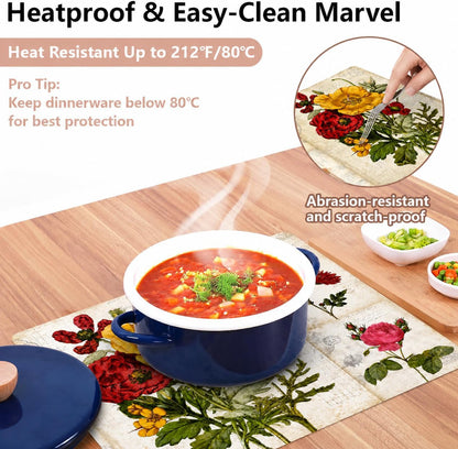 Vinyl Rectangular Placemats Set of 4 - Non Slip Place Mats Ideal for Indoor and Outdoor Dining Table - Washable and Heat Resistant Fall Placemats for Kitchen Tables (Flowers)4