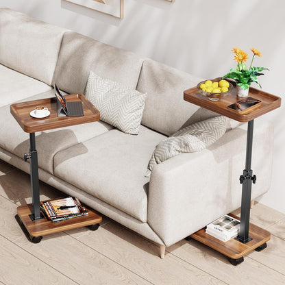 C Table End Table Adjustable Height, 360°Swivel TV Tray Table for Small Spaces, Side Tables with Wheels for Living Room and Bedroom, Bed (Walnut)3