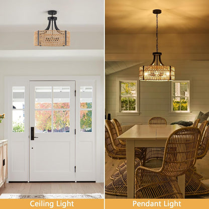 Farmhouse Chandeliers for Dining Room, 5-Light 17.7”Rattan Light Fixture with Wicker Lampshade Hand Woven Boho Chandelier for Kitchen Island, Living Room, Bedroom(E26 Bulbs Not Included)5