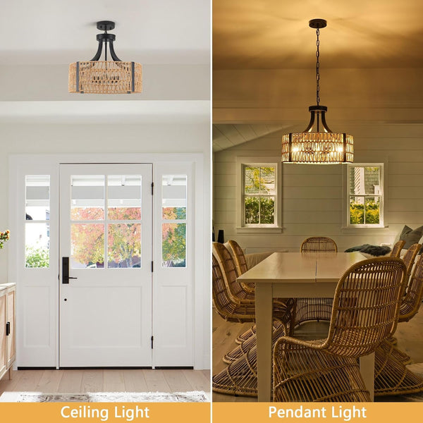 Farmhouse Chandeliers for Dining Room, 5-Light 17.7”Rattan Light Fixture with Wicker Lampshade Hand Woven Boho Chandelier for Kitchen Island, Living Room, Bedroom(E26 Bulbs Not Included)5
