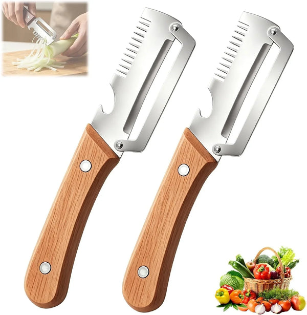 2Pcs Multifunctional Vegetable Peeler,Wooden Kitchen Tool with Bottle Opener,3 in 1 Kitchen Gadgets Stainless Steel Peelers for Fruit Veggie1