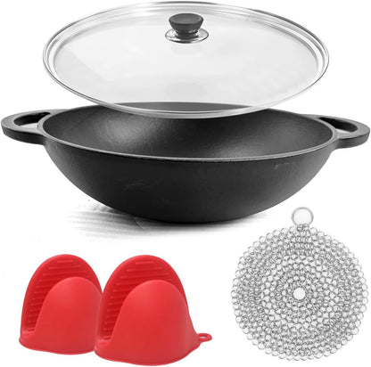 12 Inch Pre-Seasoned Cast Iron Skillet - Wok round Bottomed Frying Pan with Assist Handles,Tempered Glass Lid, Cast Iron Scrubber,Silicone Oven Mitts for Home Baking1