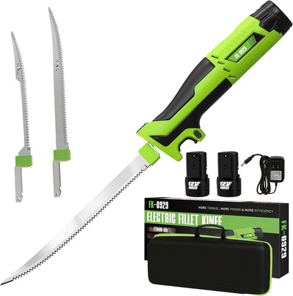 12V Cordless Electric Fillet Knife, 8" Flexible & 10" Rigid Blades, 2X 1500Mah Batteries, 1.5H Fast Charger, Safety Lock, Non-Slip Handle, Carry Case for Outdoor Fishing Filleting, Green1