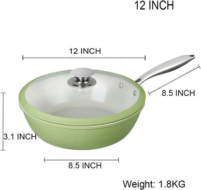 Nonstick Ceramic Frying Pan, Stir Fry Pans with Lid, Gas Electric & Induction Compatible (Green, Pan with Lid 12 Inch)2