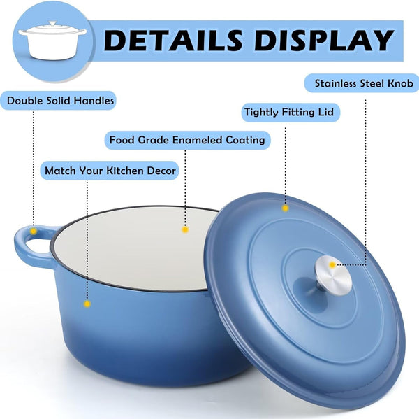 6QT Dutch Oven with Lid, Enameled Nonstick Cast Iron Dutch Oven | Cooking Pot for Stewing Baking Braising, Various Stoves & Oven Safe, Toxic Free & Solid, Dual Handles & Easy Cleanup - Blue4
