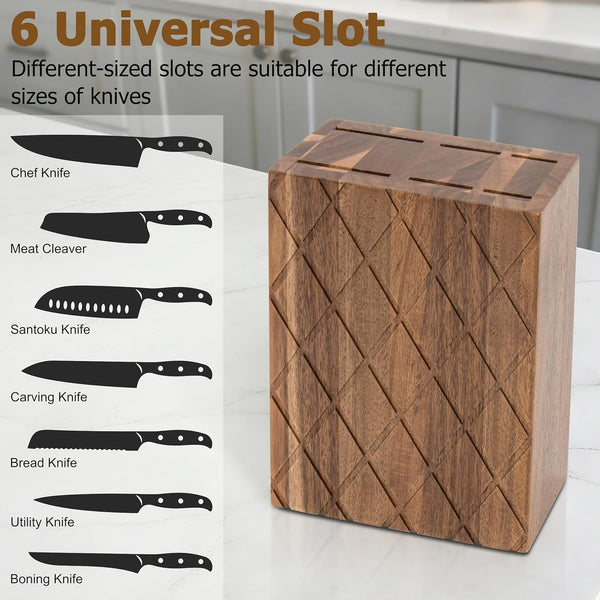 Universal Knife Block,6 Slot Acacia Wood Kitchen Knife Holder,Well Made Elegant Knives Storage Organizer for Countertop3