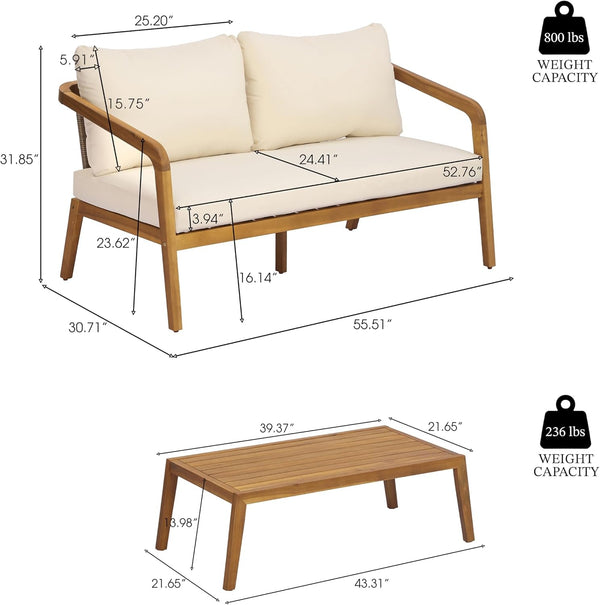 4-Piece Outdoor Patio Furniture Set, Acacia Wood Conversation Set with PE Wicker Backrest & Comfort Cushions for Backyard, Garden & Poolside2