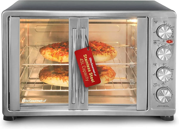 ETO4510MX French Door Convection Oven 47.5Qt, Stainless Steel | 18-Slice Capacity, 4-Control Knobs for Bake/Broil/Toast/Rotisserie/Keep Warm, Includes 2 X 14" Pizza Racks1