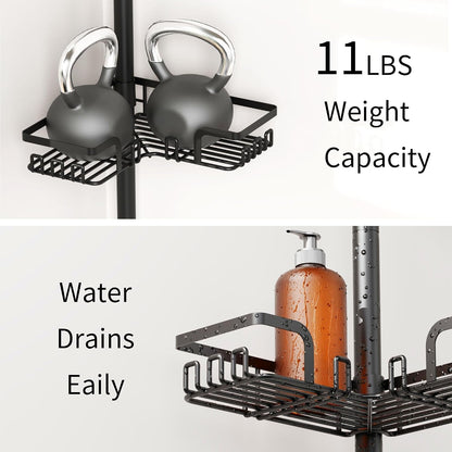 Tension Pole Shower Caddy Corner for Bathroom, Adjustable 25In-114In Floor to Ceiling, Standing Shower Tension Rod Organizer, 4 Tier Storage Shelves with Hooks, Black6