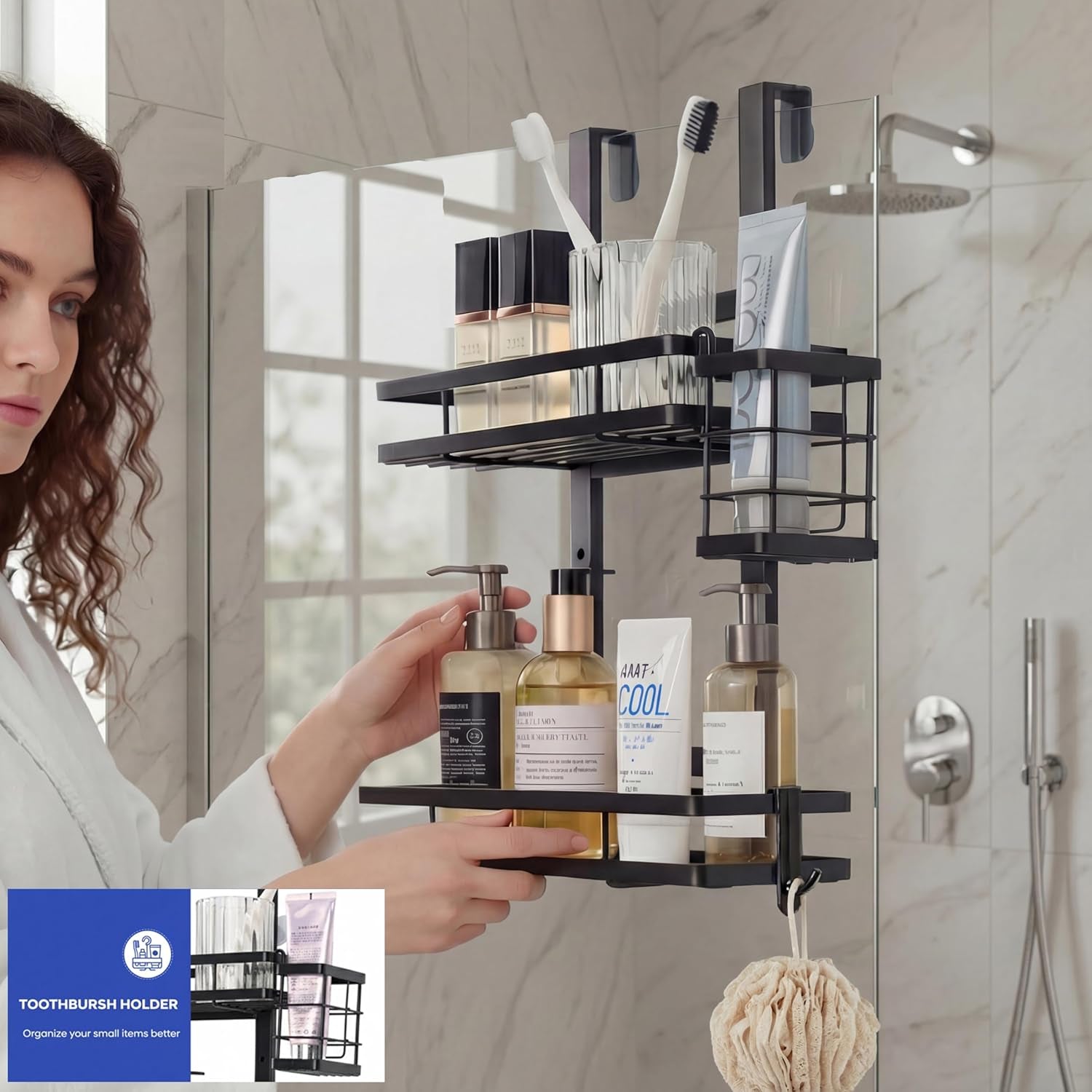 over-the-door-shower-caddy-hanging-rustproof-shower-shelves-with-waterproof-phone-pouch-2-tier-adjustable-bathroom-organizers-and-storage-no-drilling-shower-shelf-black-shampoo-soap-holder